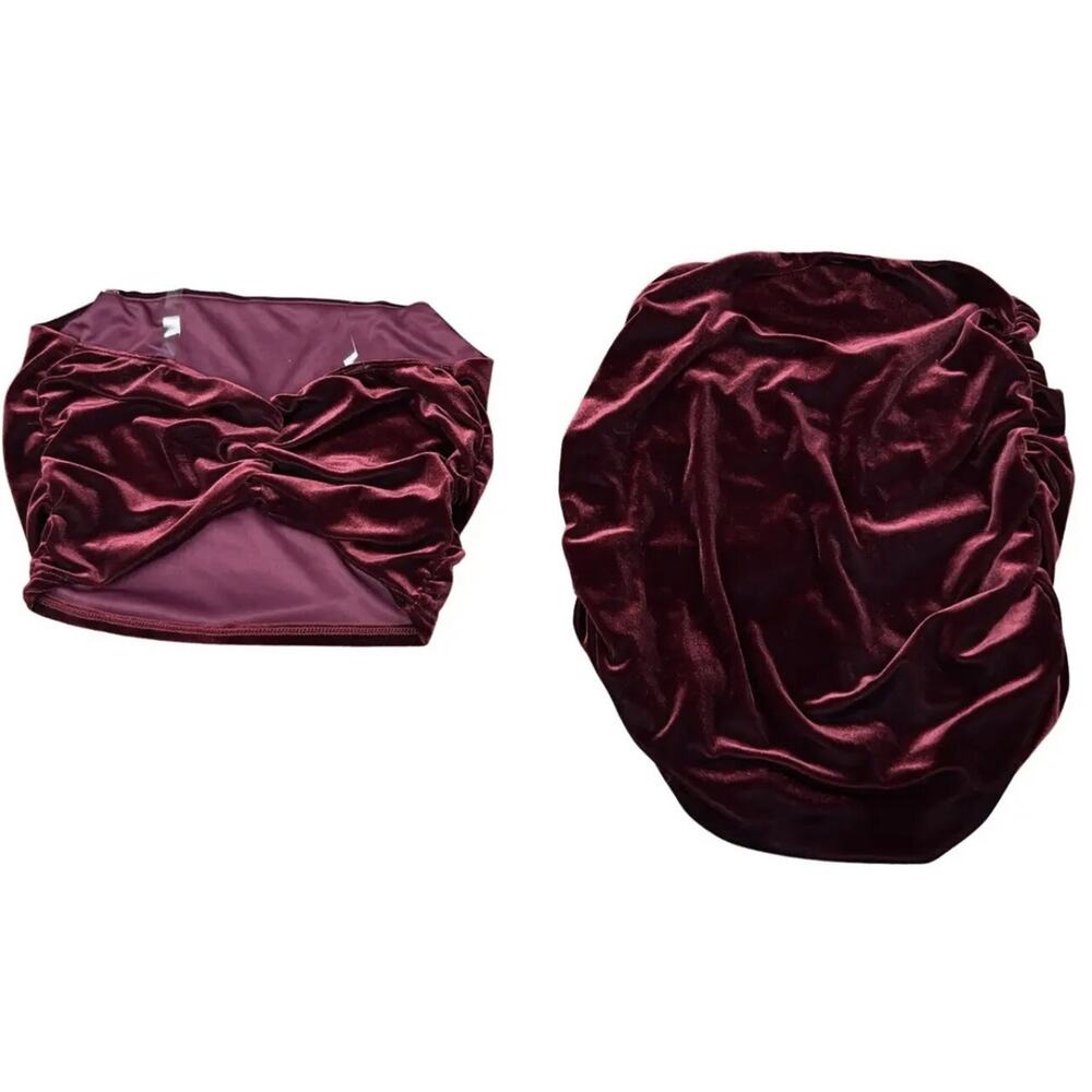 Women's Y2k Velvety Crop Top & Skirt Med 90s Day Night Sexy Red Ruched Bodycon